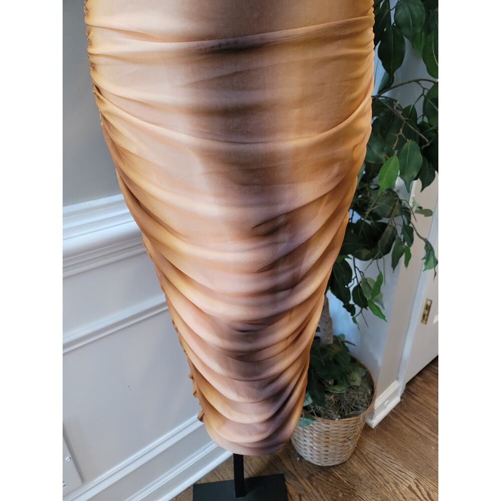 Blanc Midi Dress Womens Medium Brown Beige Wired Mesh Ruched Cutout U-Bar Casual - Picture 5 of 13